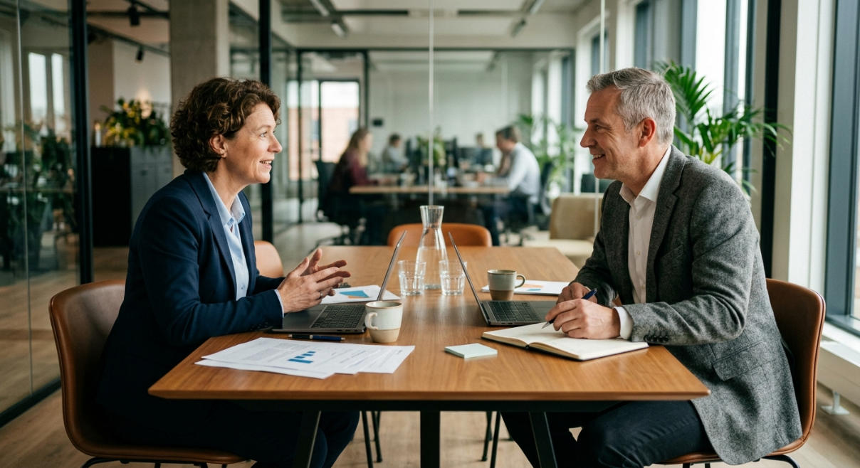 Unternehmensberatung – Führungskraft und Personalberater besprechen Interim-Besetzung